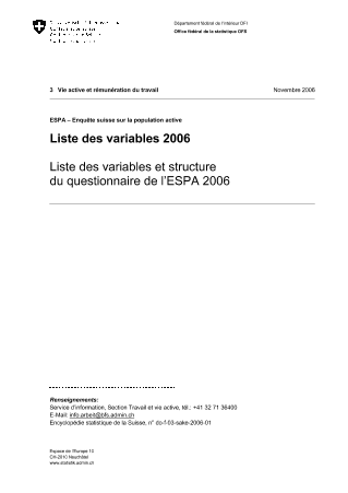 ESPA - Enquête suisse sur la population active: Liste des variables et structure du questionnaire de l'ESPA 2006