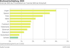 Bruttowertschöpfung, 2020 - Anteil der BWS des Primarsektors am Total der BWS der Wirtschaft - Prozent
