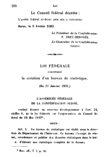 Loi fédérale concernant la création d’un bureau de statistique du 21 janvier 1860