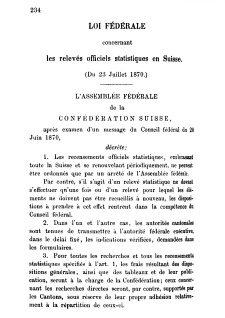 Loi fédérale concernant les relevés officiels statistiques en Suisse du 23 juillet 1870