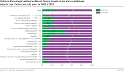 Violence domestique: personnes lésées dans le couple ou par leur ex-partenaire selon le type d'infraction et le sexe