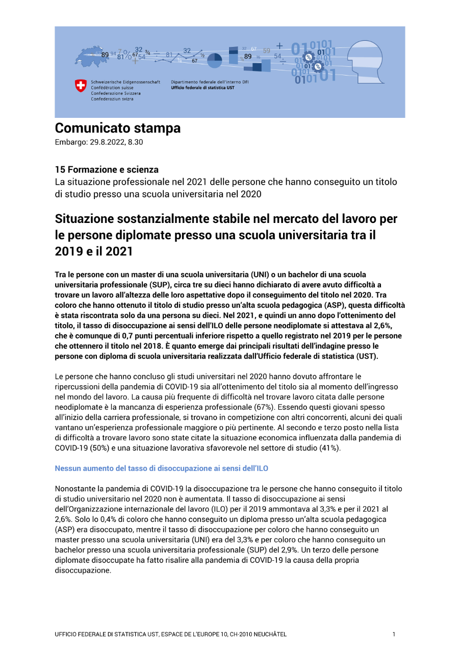 Situazione sostanzialmente stabile nel mercato del lavoro per le persone diplomate presso una scuola universitaria tra il 2019 e il 2021