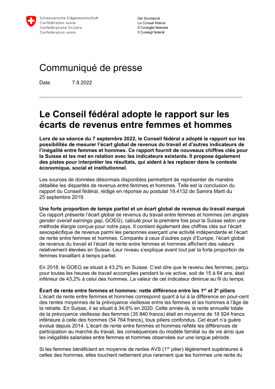 Le Conseil fédéral adopte le rapport sur les écarts de revenus entre femmes et hommes