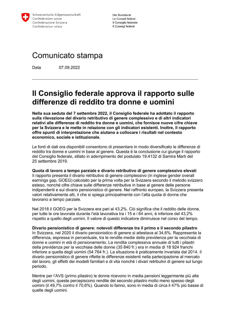 Il Consiglio federale approva il rapporto sulle differenze di reddito tra donne e uomini