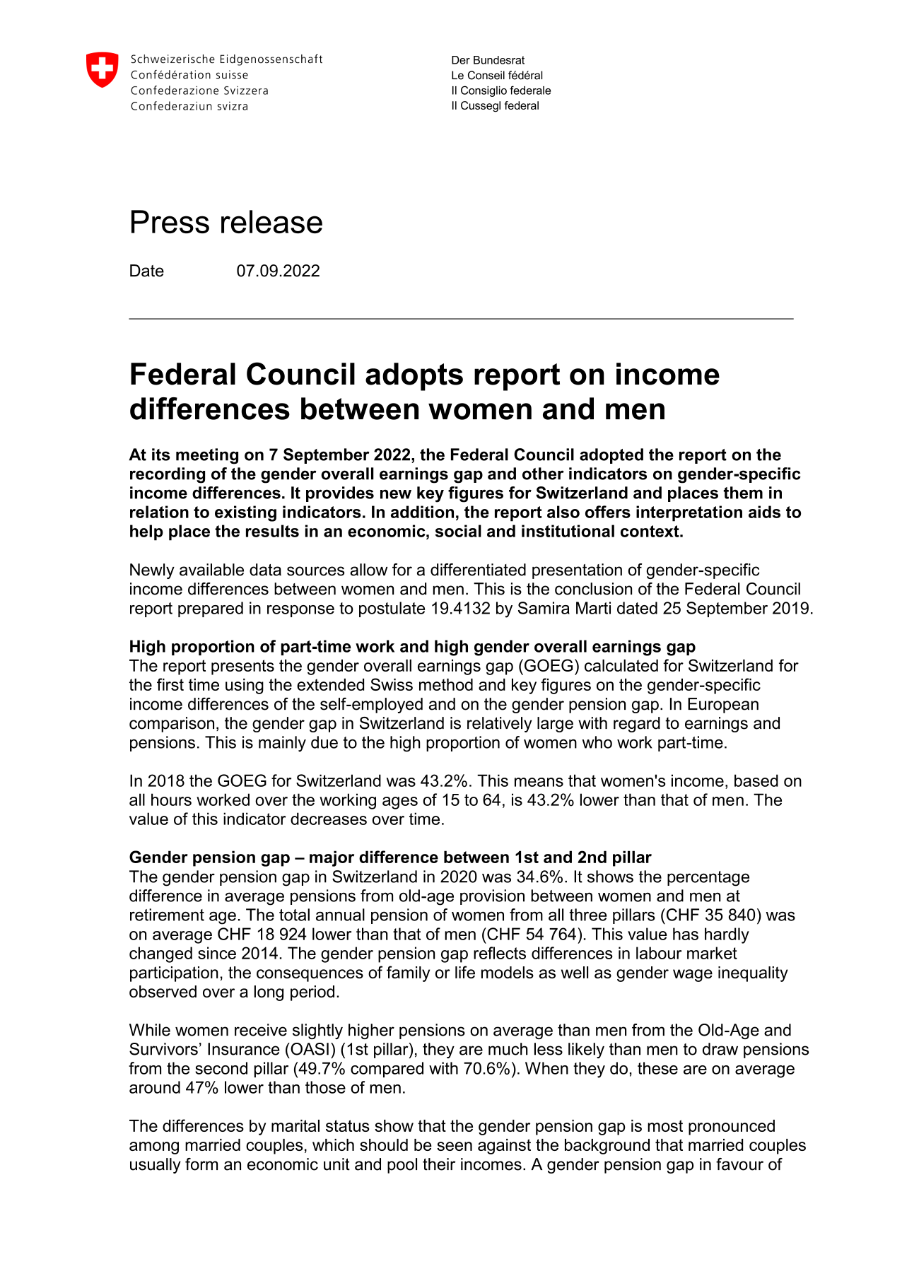 Federal Council adopts report on income differences between women and men
