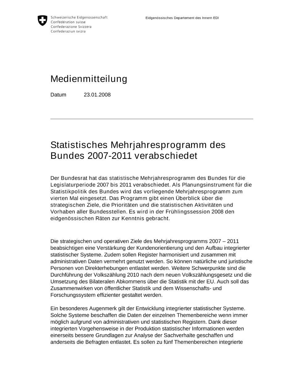 Statistisches Mehrjahresprogramm des Bundes 2007-2011 verabschiedet