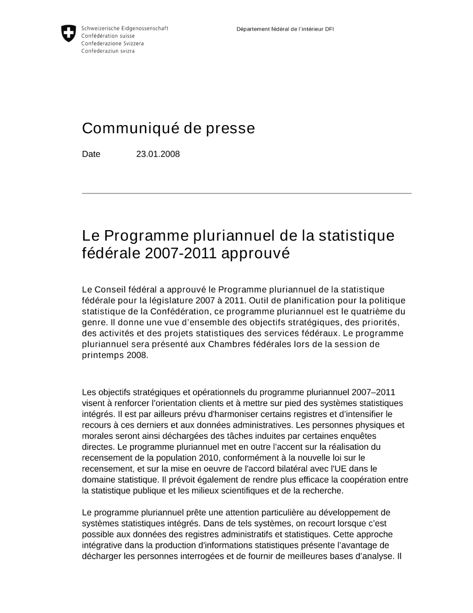 Le Programme pluriannuel de la statistique fédérale 2007-2011 approuvé