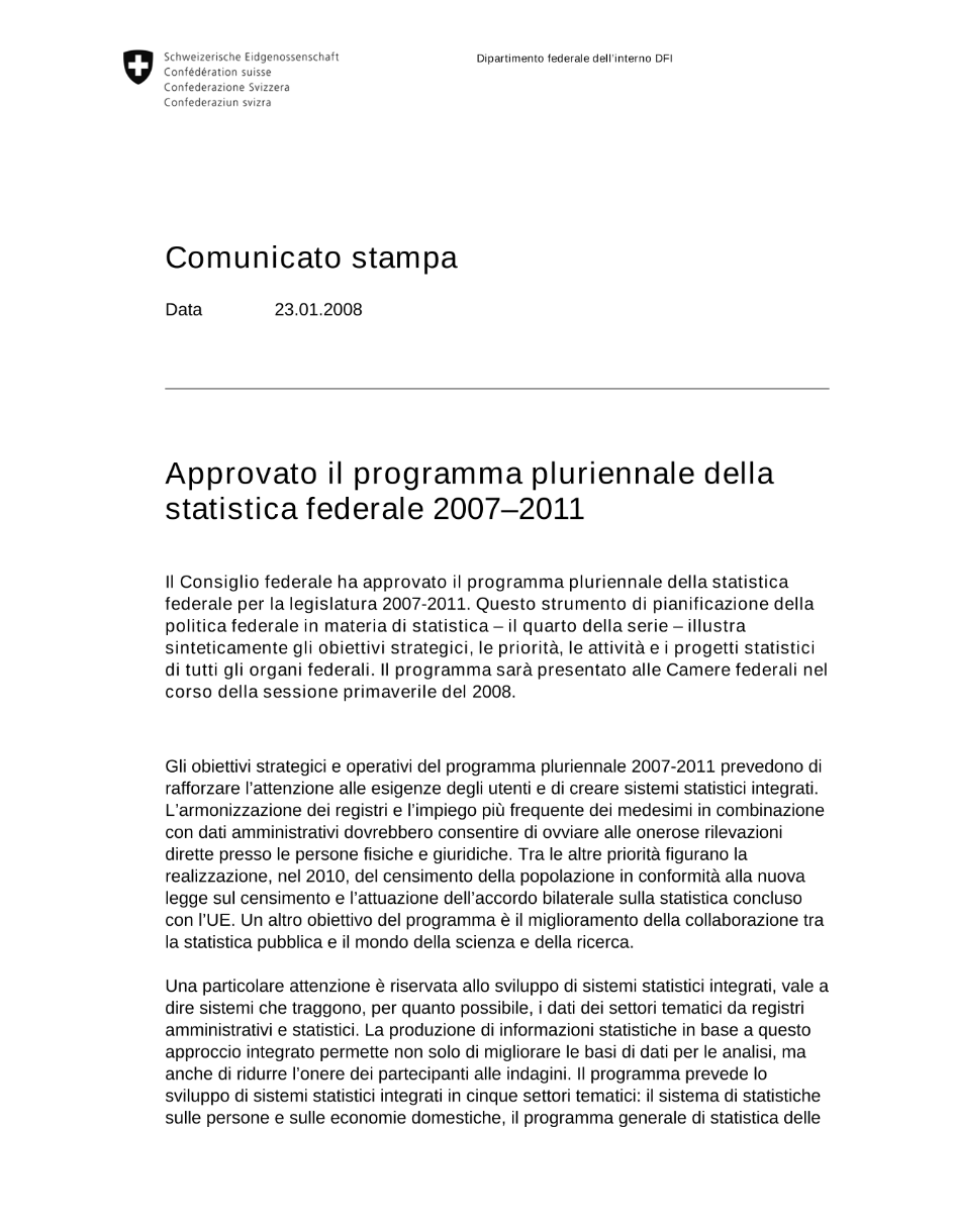 Approvato il programma pluriennale della statistica federale 2007-2011