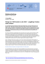 Weniger als 1000 Suizide im Jahr 2020 - Langjährige Tendenz weiter sinkend