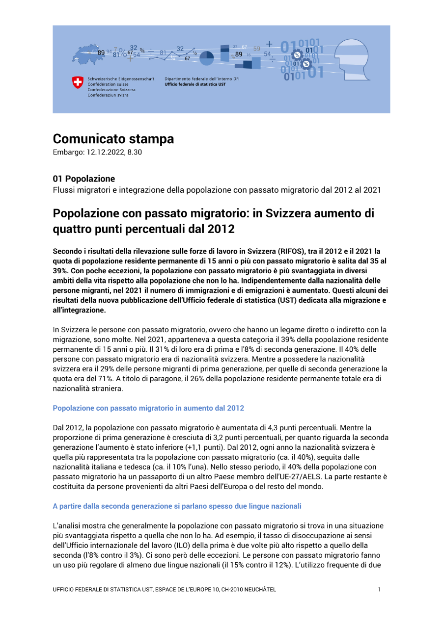 Popolazione con passato migratorio: in Svizzera aumento di quattro punti percentuali dal 2012