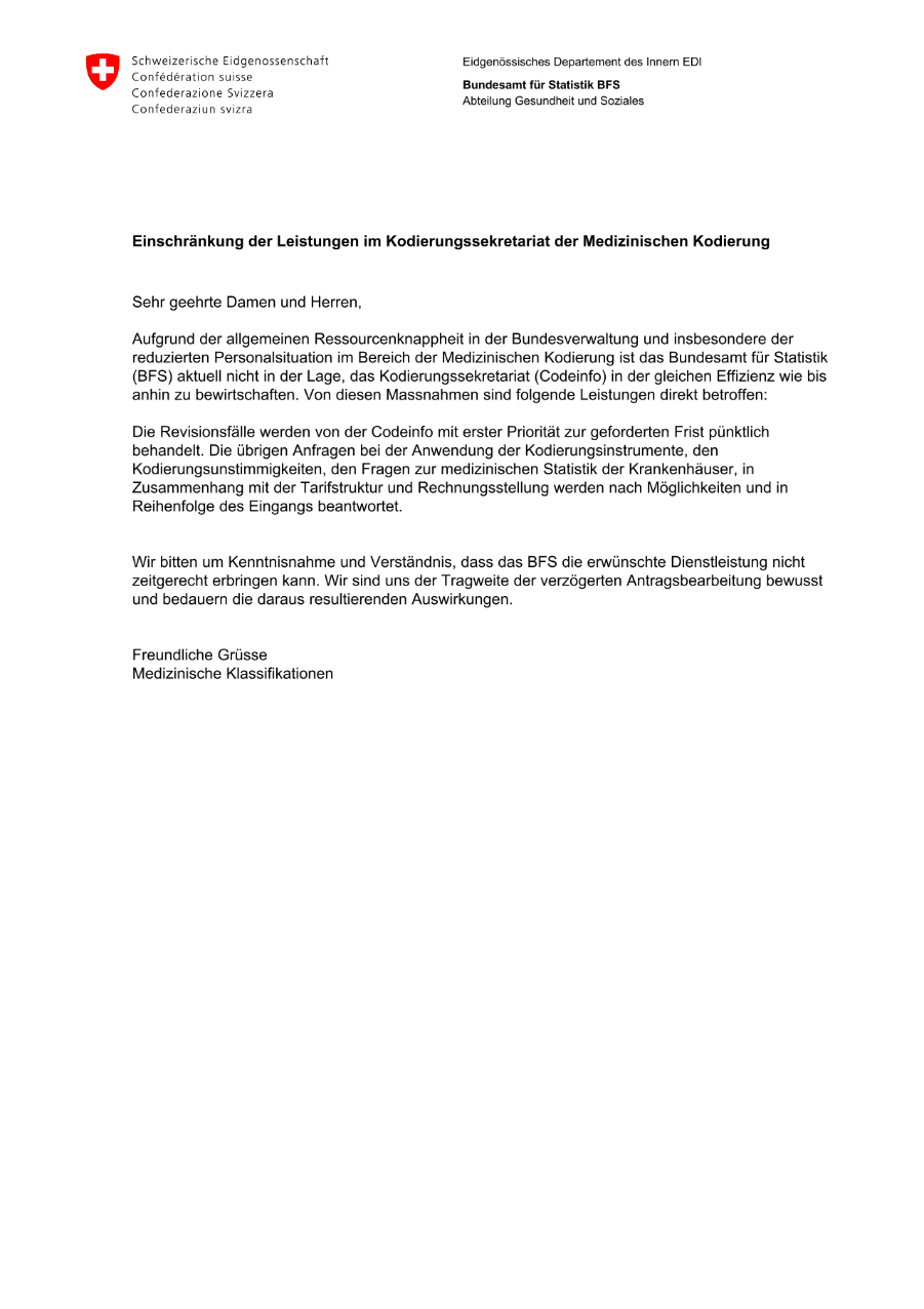 Einschränkung der Aufgaben im Kodierungssekretariat bei Ressourcenmangel