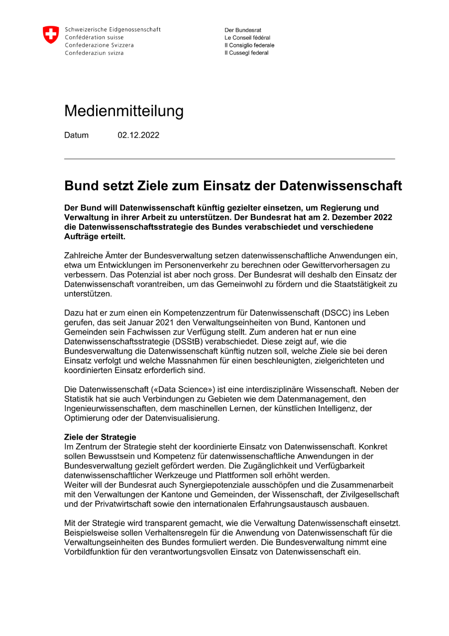 Bund setzt Ziele zum Einsatz der Datenwissenschaft
