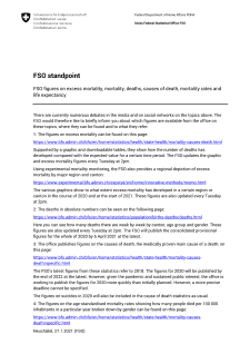 FSO figures on excess mortality, mortality, deaths, causes of death, mortality rates and life expectancy
