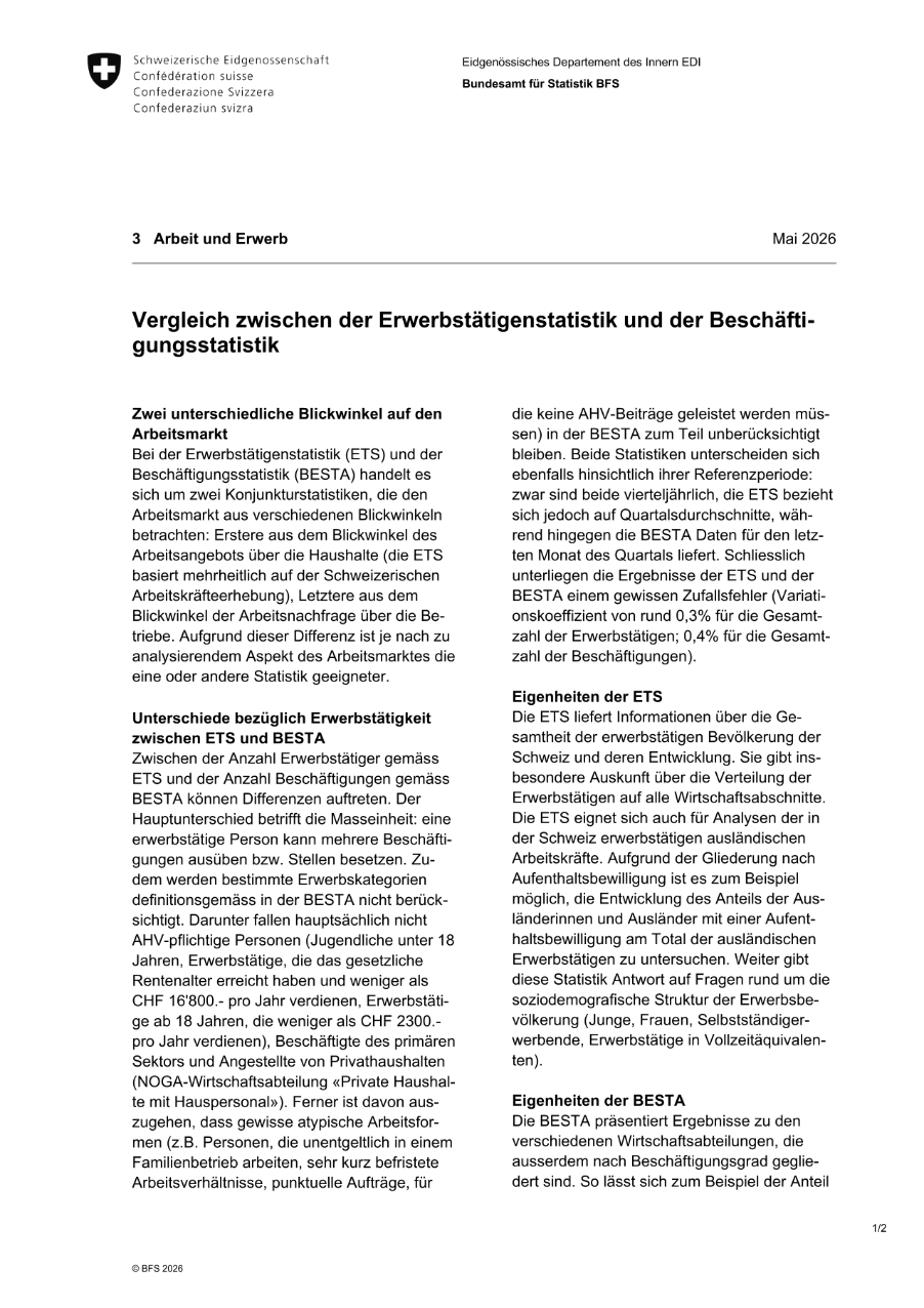 Vergleich zwischen der Erwerbstätigenstatistik und der Beschäftigungsstatistik