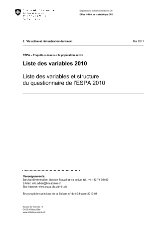 ESPA - Enquête suisse sur la population active: Liste des variables et structure du questionnaire de l'ESPA 2010