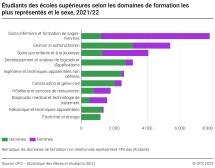Etudiants des écoles supérieures selon les domaines de formation les plus représentés et le sexe
