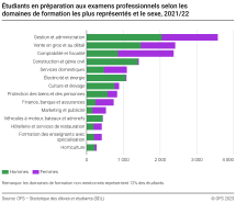 Etudiants en préparation aux examens professionnels selon les domaines de formation les plus représentés et le sexe
