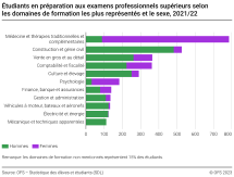 Etudiants en préparation aux examens professionnels supérieurs selon les domaines de formation les plus représentés et le sexe