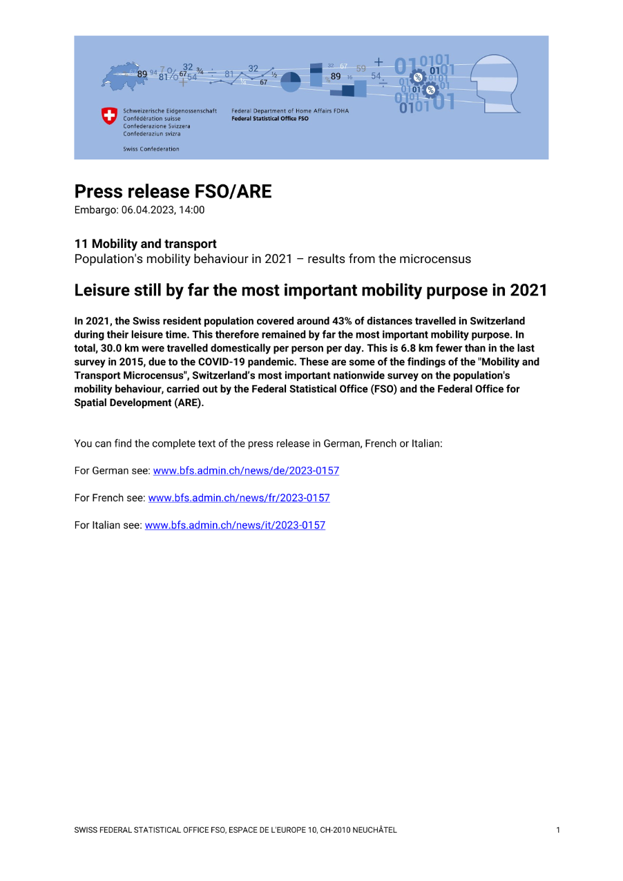 Leisure still by far the most important mobility purpose in 2021