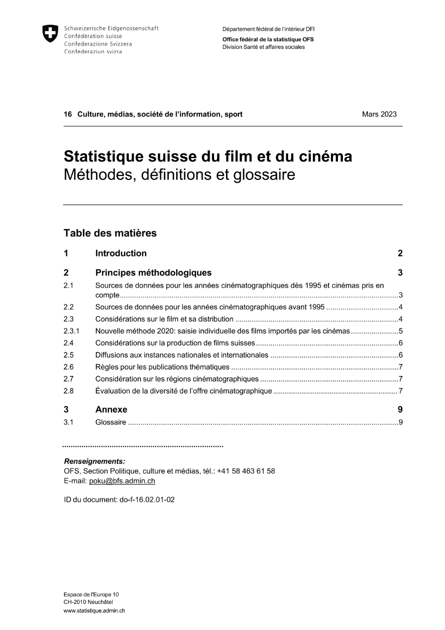 Statistique suisse du film et du cinéma: Méthodes, définitions et glossaire