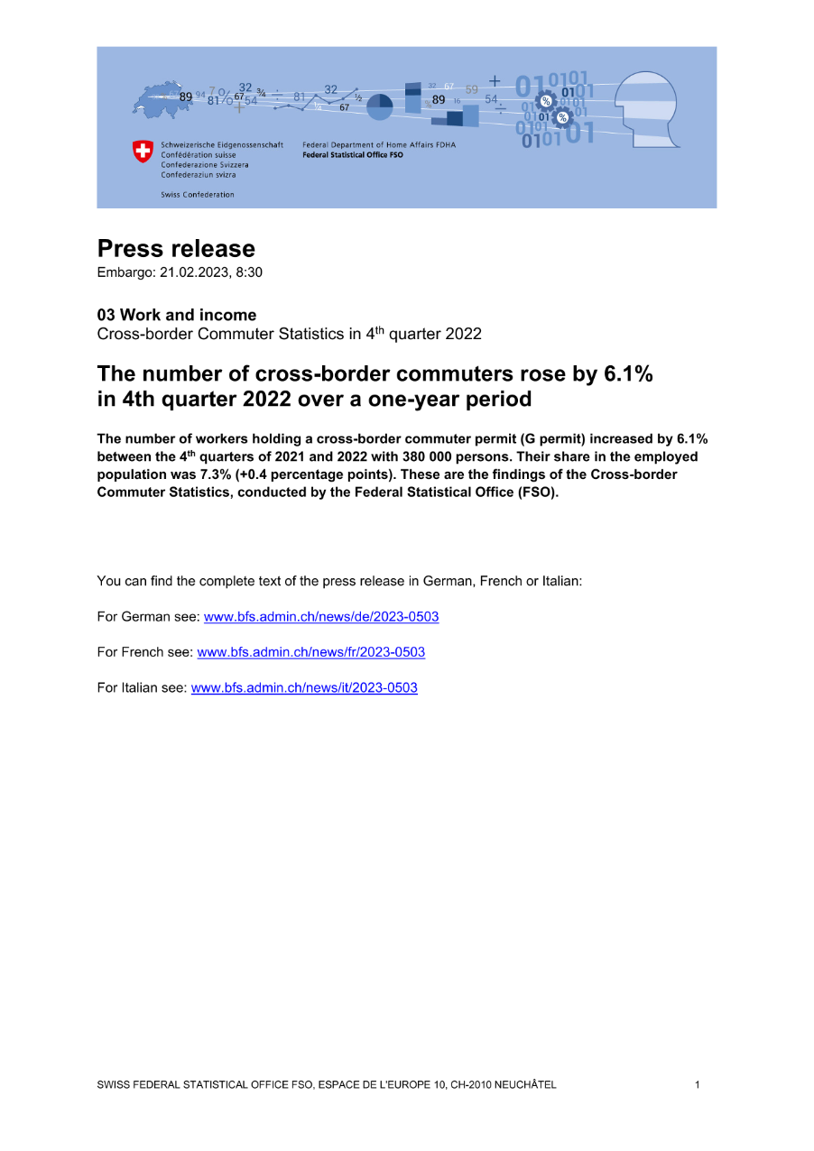The number of cross-border commuters rose by 6.1% in 4th quarter 2022 over a one-year period