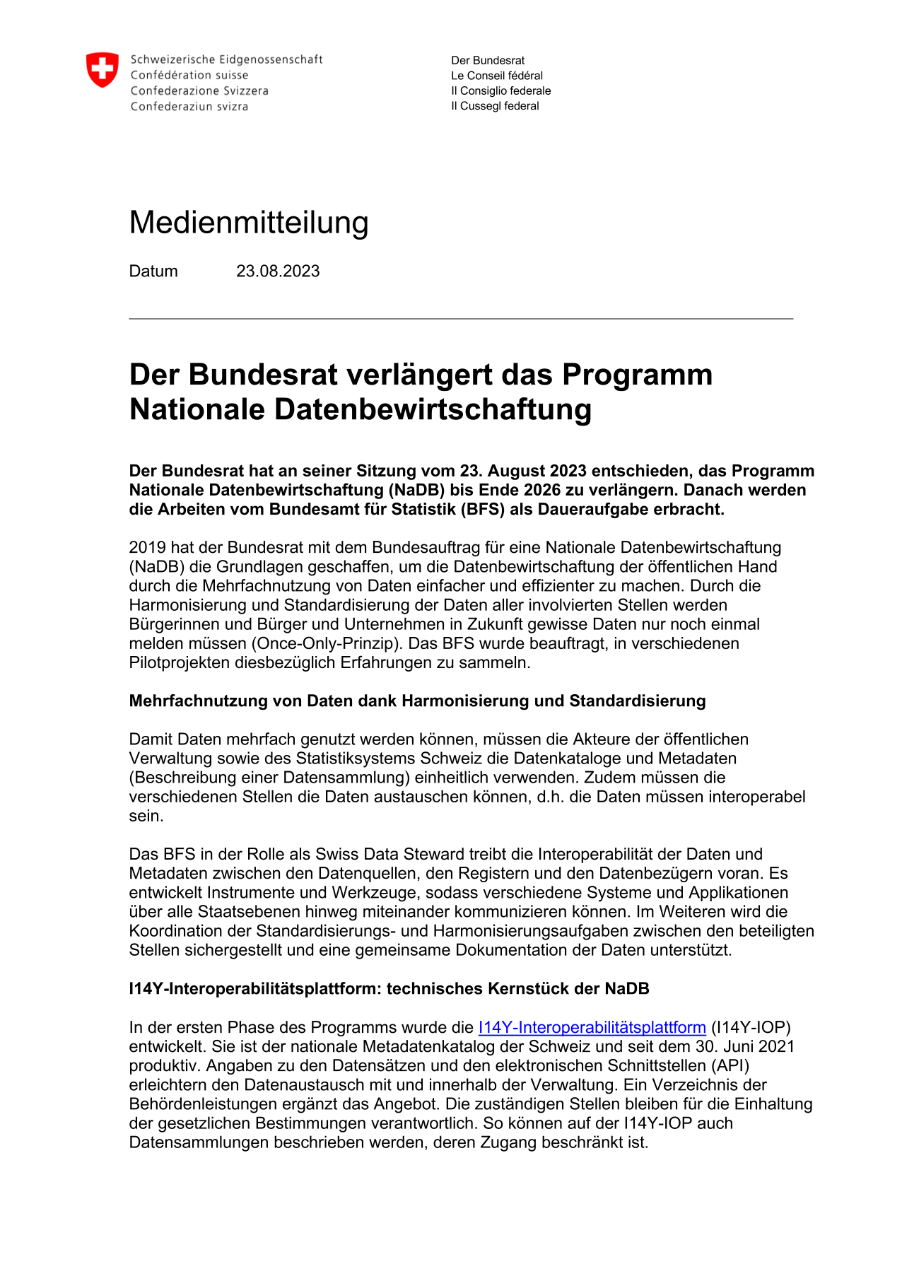 Der Bundesrat verlängert das Programm Nationale Datenbewirtschaftung