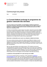 Le Conseil fédéral prolonge le programme de gestion nationale des données