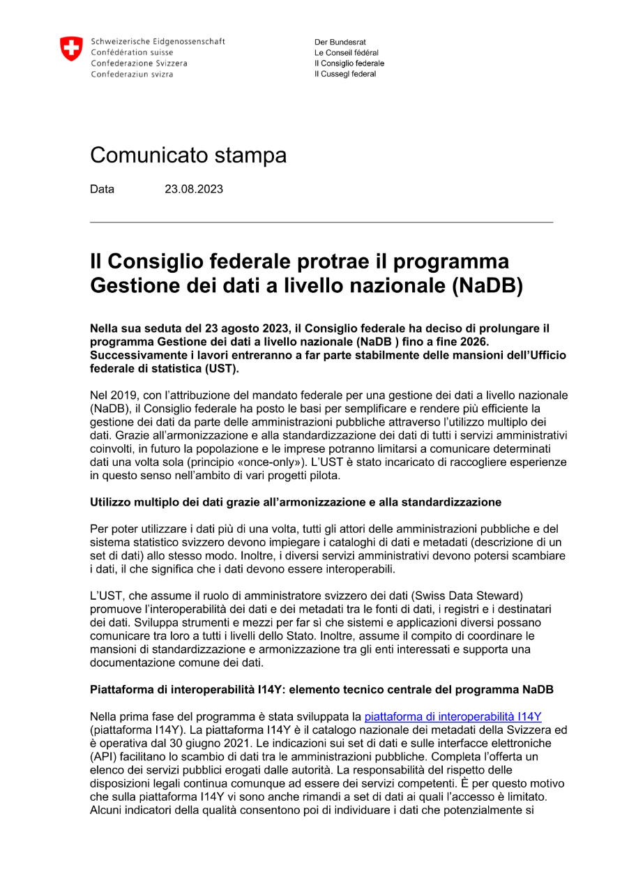 Il Consiglio federale protrae il programma Gestione dei dati a livello nazionale