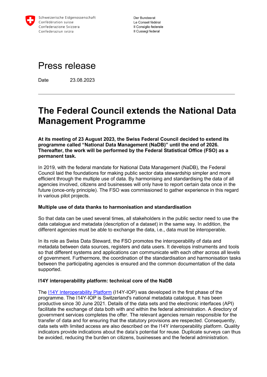 The Federal Council extends the National Data Management Programme