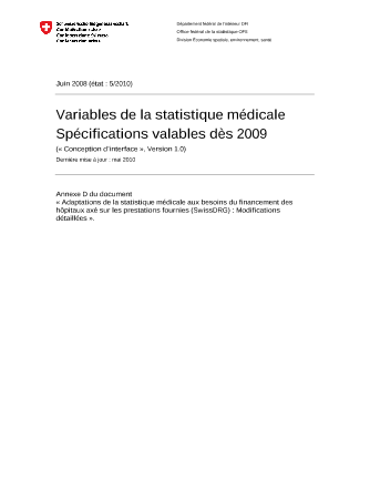 Statistique médicale des hôpitaux - Variables de la statistique médicale. Spécifications valables dès 2009