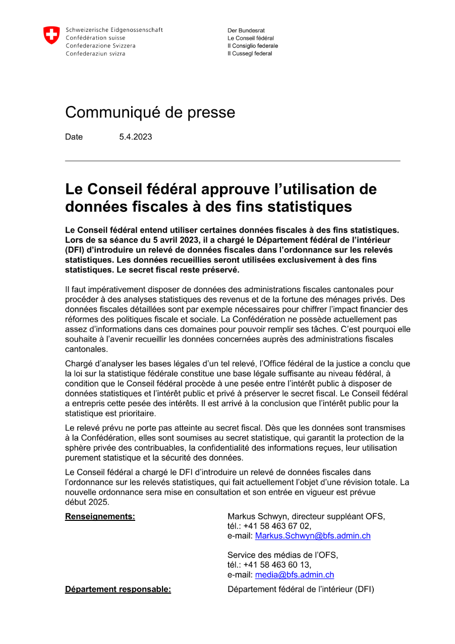 Le Conseil fédéral approuve l'utilisation de données fiscales à des fins statistiques
