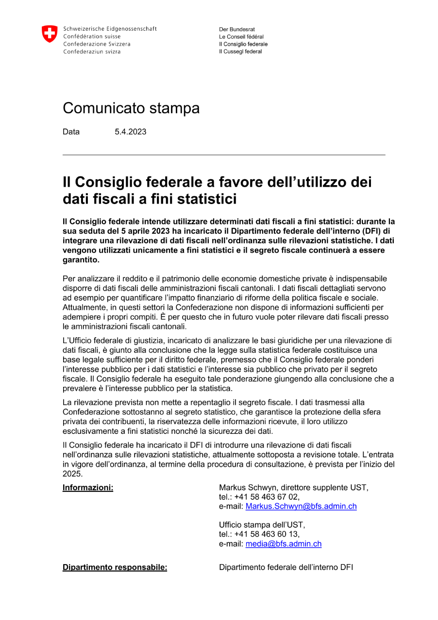 Il Consiglio federale a favore dell'utilizzo dei dati fiscali a fini statistici