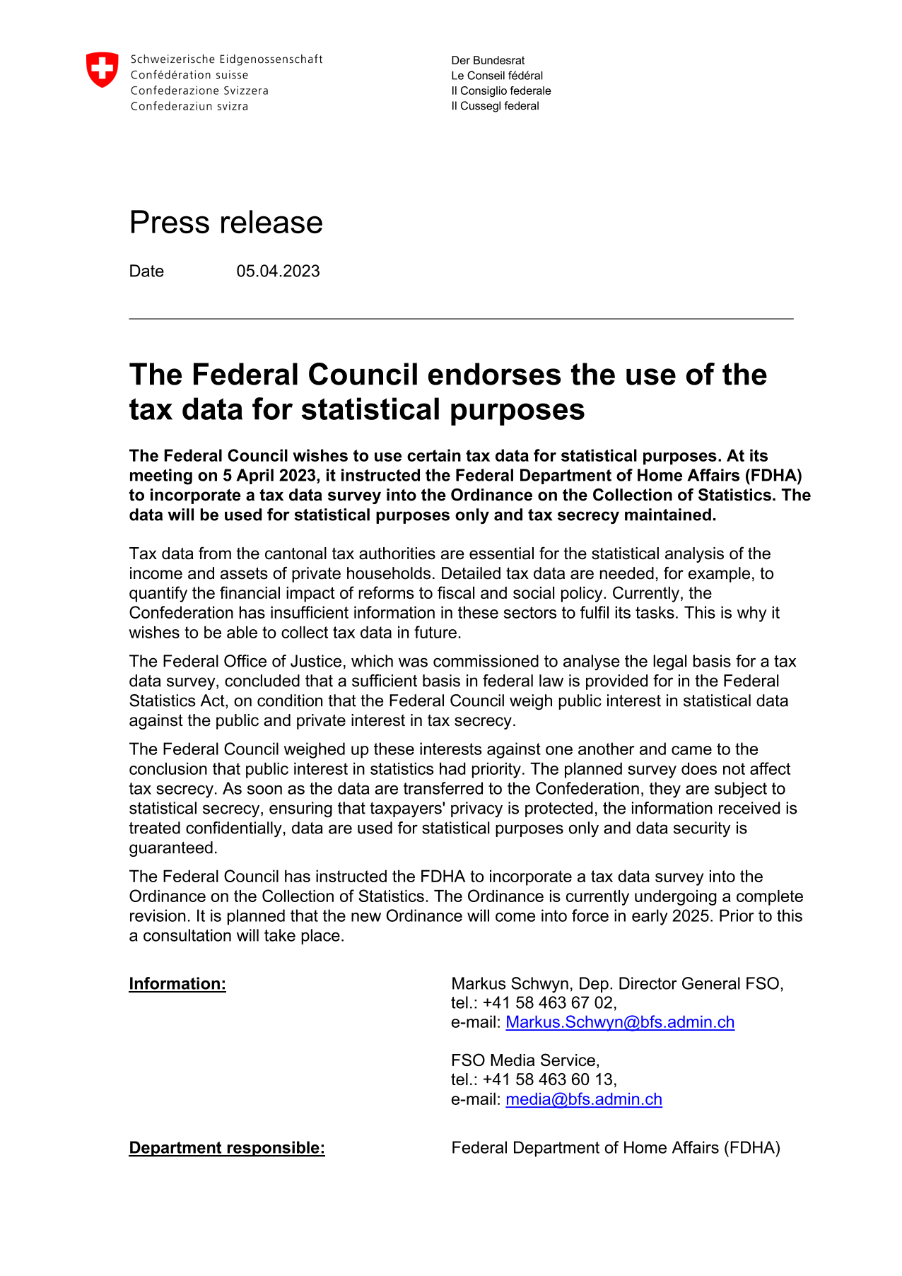 The Federal Council endorses the use of the tax data for statistical purposes