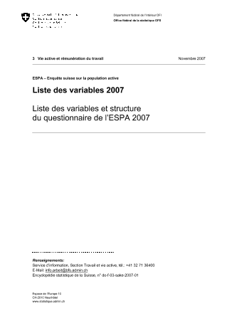 ESPA - Enquête suisse sur la population active: Liste des variables et structure du questionnaire de l'ESPA 2007