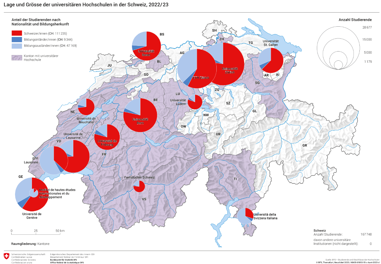 Lage und Grösse der universitären Hochschulen in der Schweiz