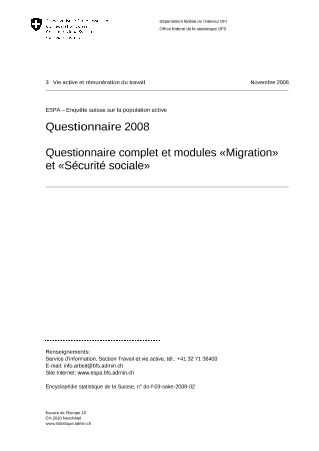 ESPA - Enquête suisse sur la population active: Questionnaire 2008 - Questionnaire complet et modules «Migration» et «Sécurité sociale»