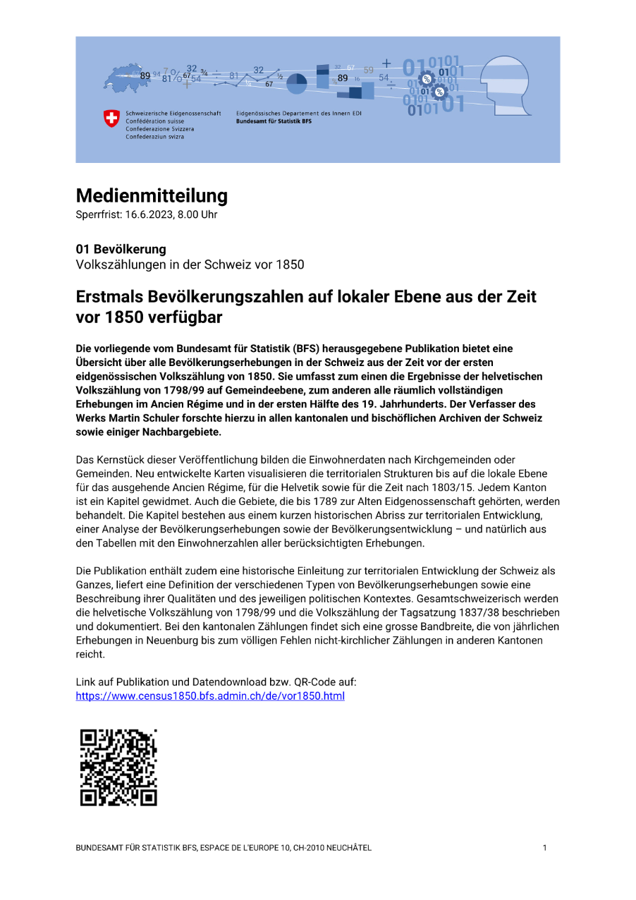 Erstmals Bevölkerungszahlen auf lokaler Ebene aus der Zeit vor 1850 verfügbar