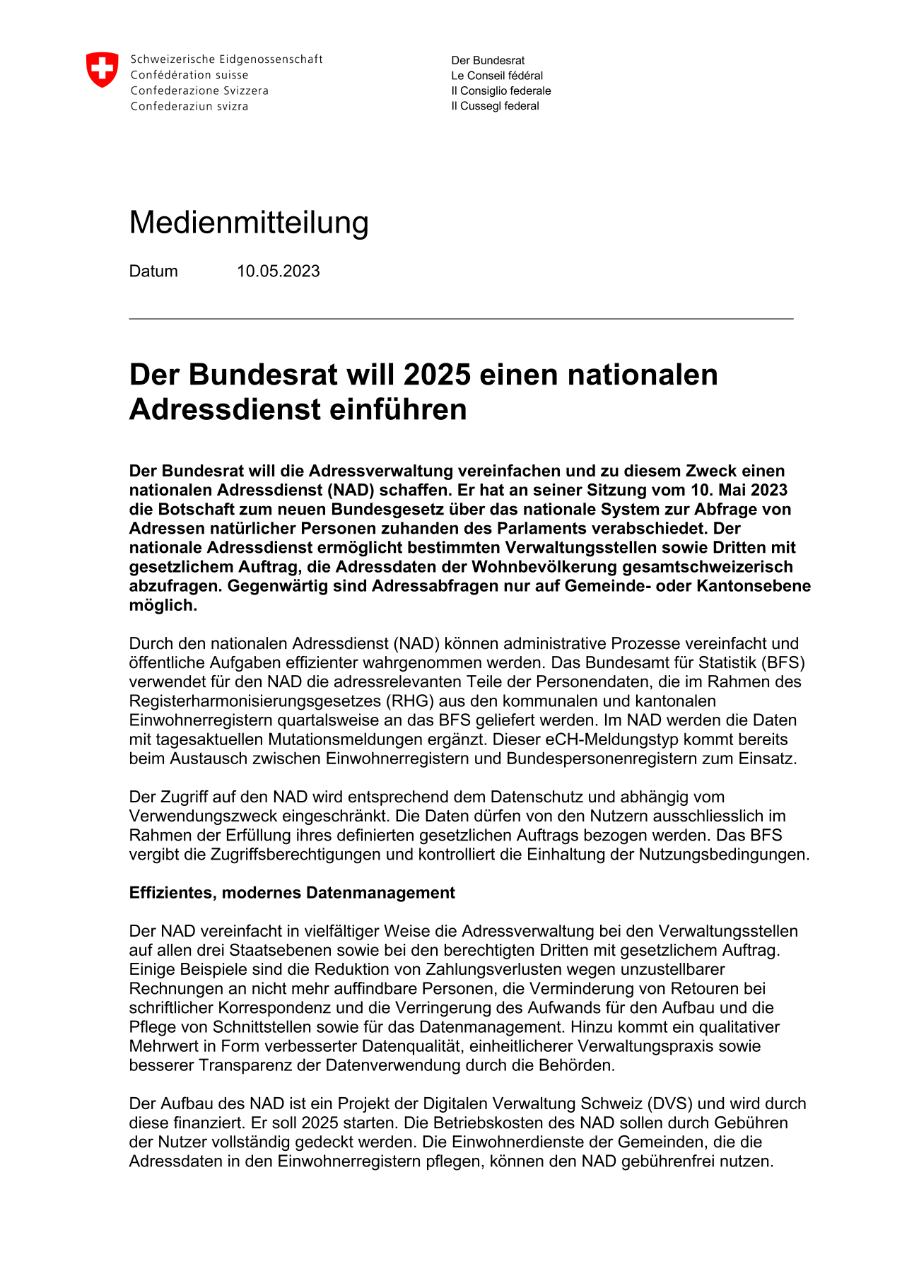 Der Bundesrat will 2025 einen nationalen Adressdienst einführen