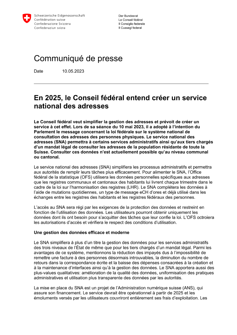 En 2025, le Conseil fédéral entend créer un service national des adresses