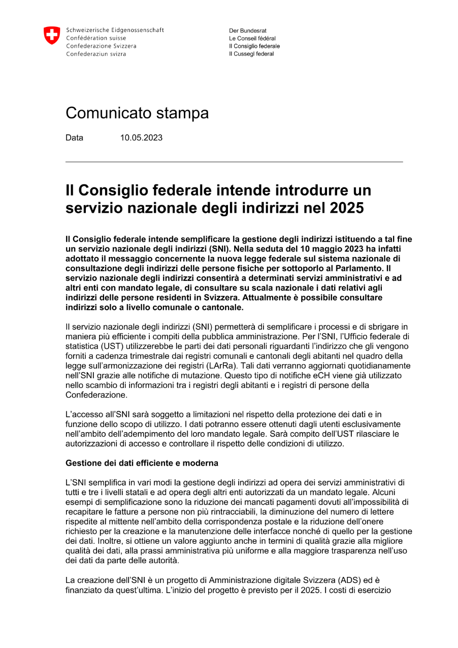 Il Consiglio federale intende introdurre un servizio nazionale degli indirizzi nel 2025