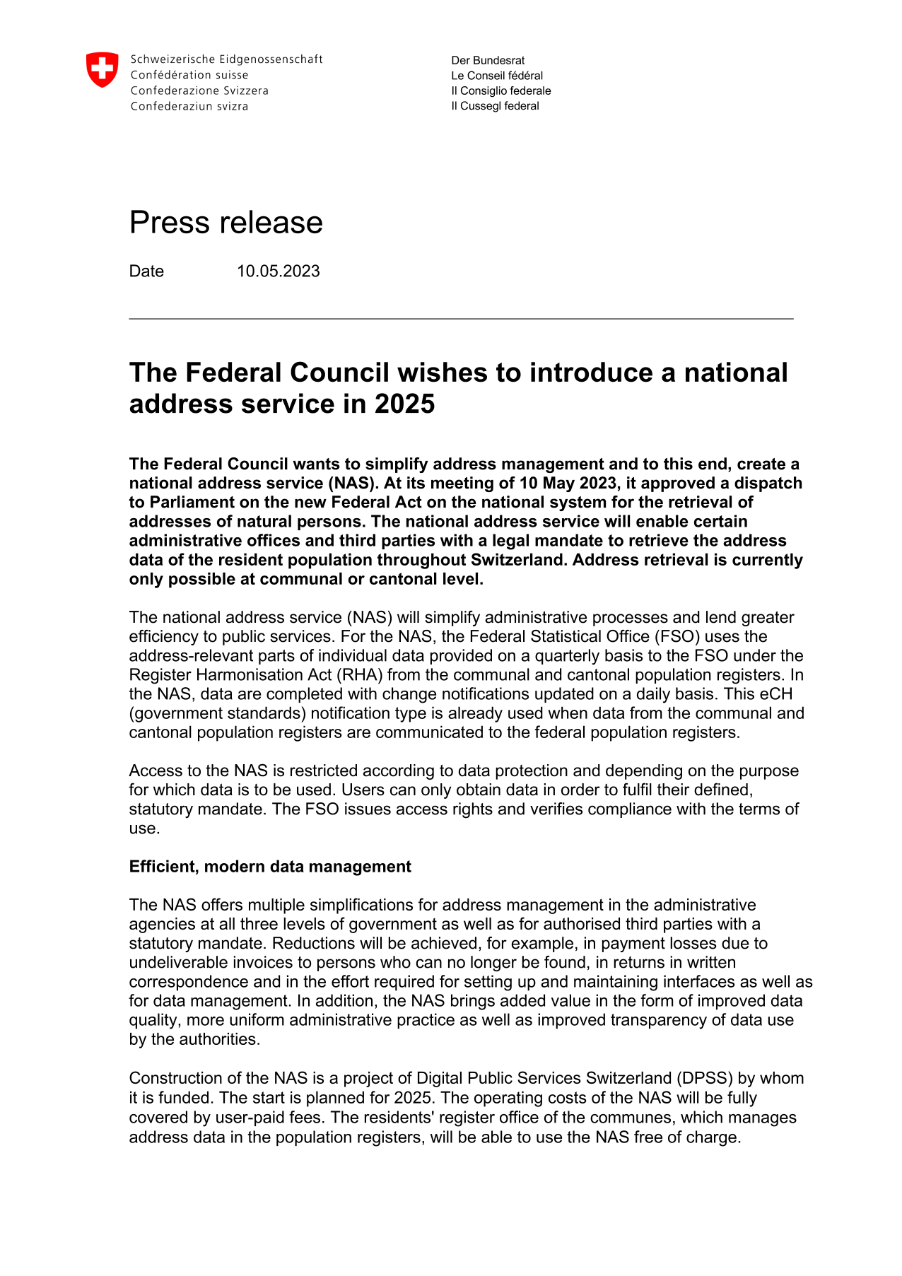 The Federal Council wishes to introduce a national address service in 2025