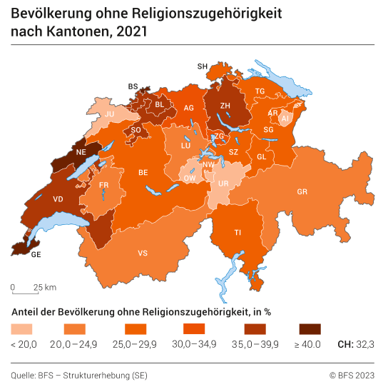 Bevölkerung ohne Religionszugehörigkeit nach Kantonen