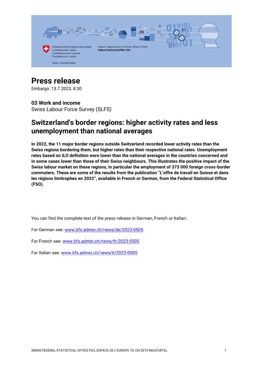 Switzerland's border regions: higher activity rates and less unemployment than national averages