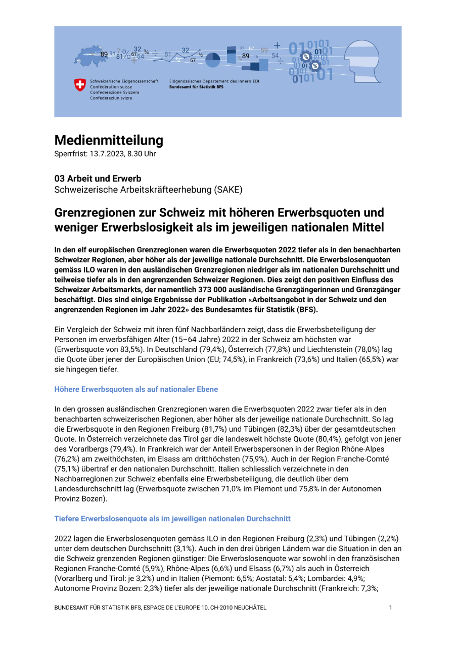 Grenzregionen zur Schweiz mit höheren Erwerbsquoten und weniger Erwerbslosigkeit als im jeweiligen nationalen Mittel