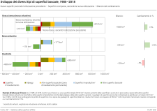 Sviluppo dei diversi tipi di superfici boscate, 1985–2018