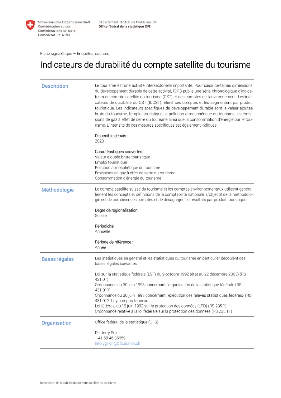 Indicateurs de durabilité du compte satellite du tourisme