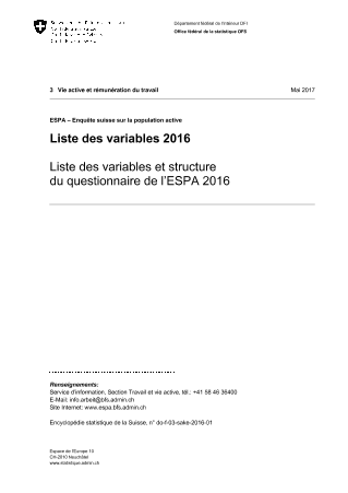 ESPA - Enquête suisse sur la population active: Liste des variables et structure du questionnaire de l'ESPA 2016