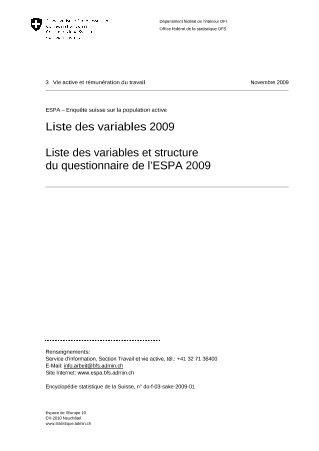 ESPA - Enquête suisse sur la population active: Liste des variables et structure du questionnaire de l'ESPA 2009