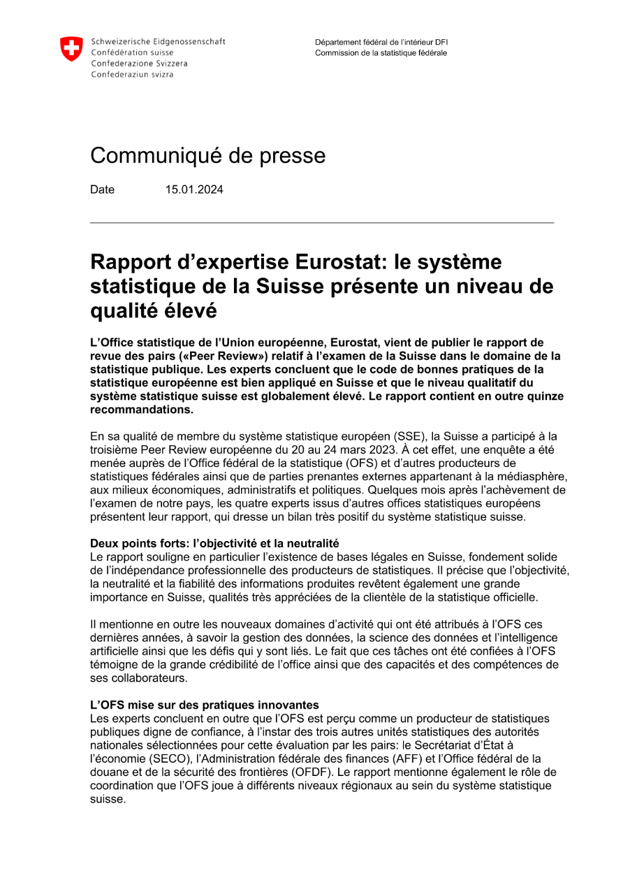 Rapport d'expertise Eurostat: le système statistique de la Suisse présente un niveau de qualité élevé