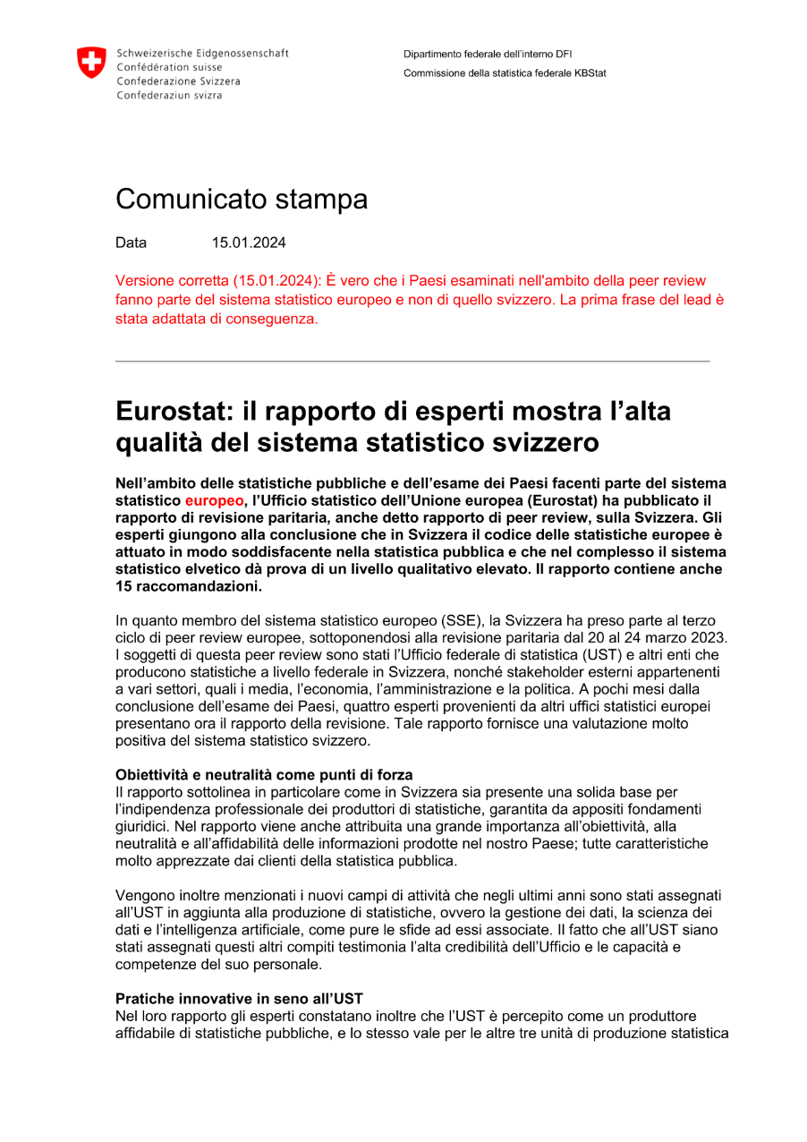 Eurostat: il rapporto di esperti mostra l'alta qualità del sistema statistico svizzero